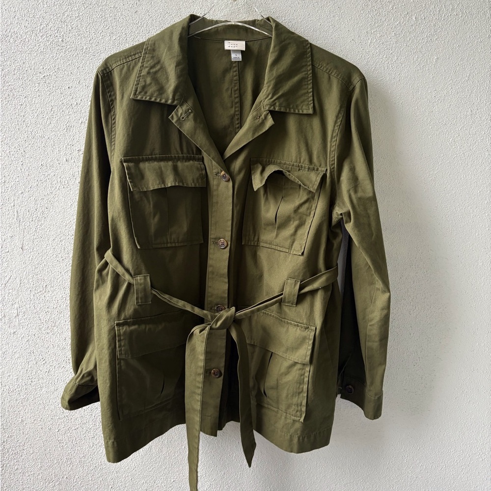 A New Day Women’s Olive Green Utility Jacket Size L Pockets Belted Buttons‎